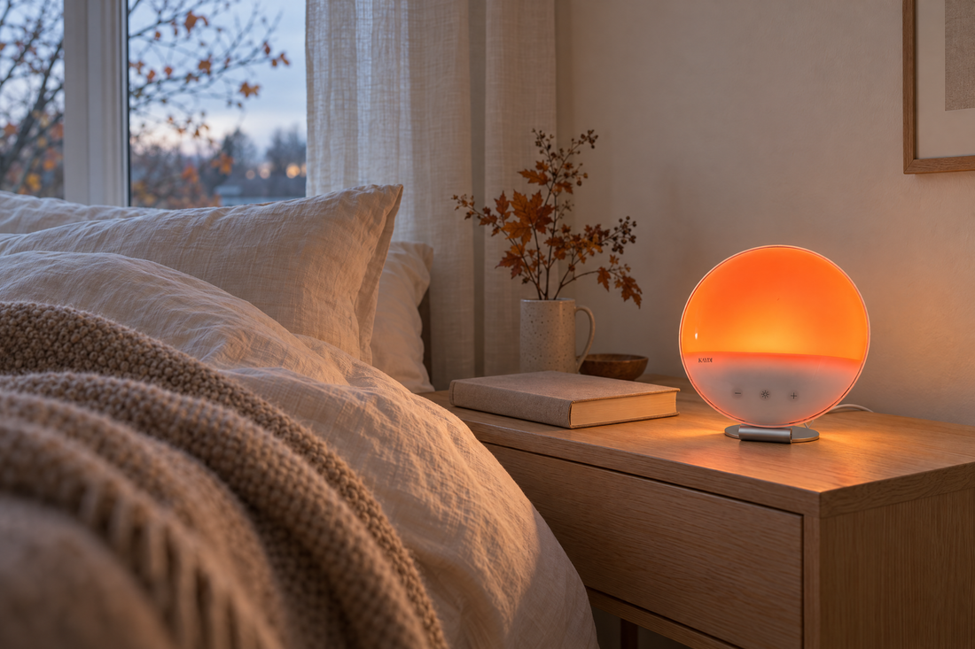 KAYDI One sunrise alarm med varmt orange lys ved natbordet på en kølig efterårsmorgen.