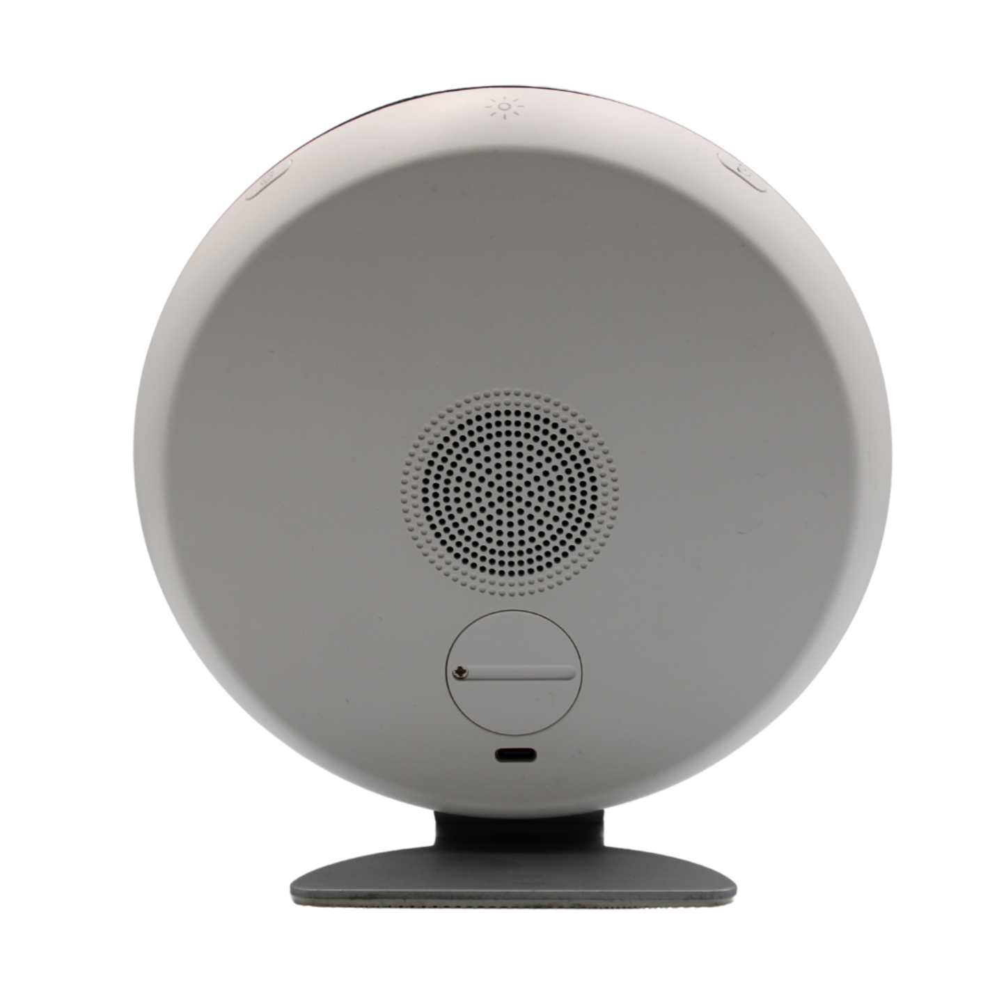 Back view of Kaydi One wake up light showing speaker grille, control buttons, and charging port on a minimal white design.