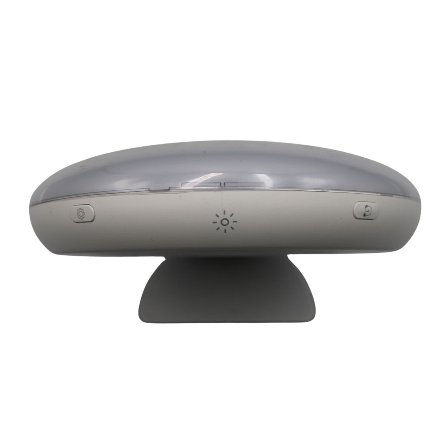Side profile of Kaydi One wake up light with curved light surface and physical control buttons on the base.