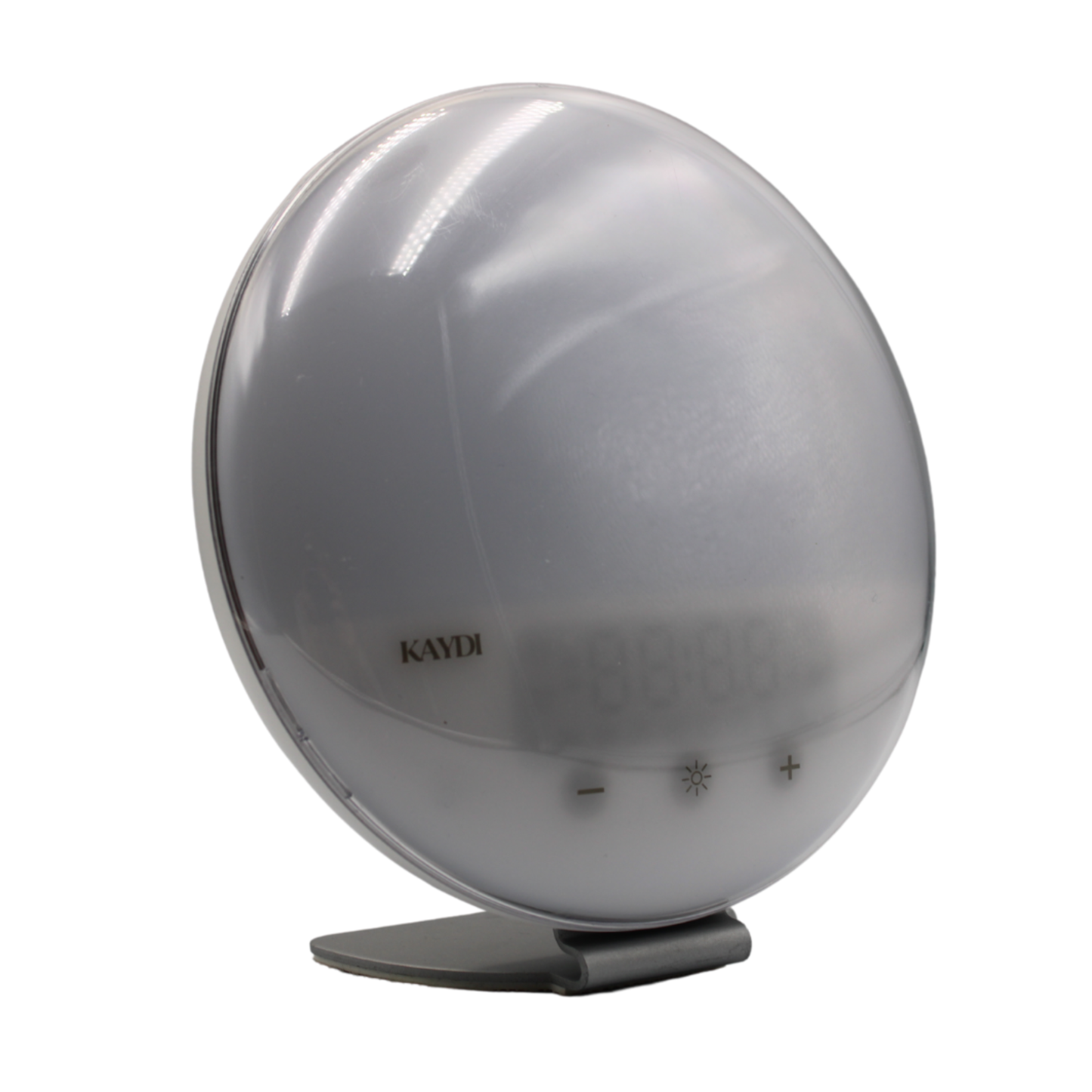Angled view of Kaydi One wake up light with soft translucent dome and minimalist stand.